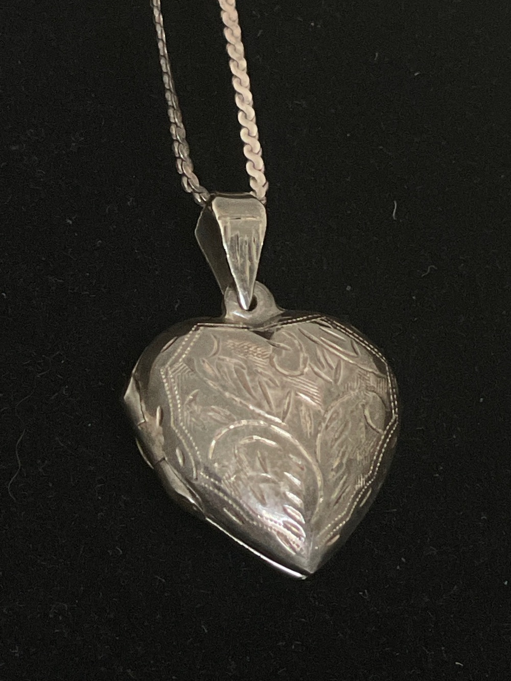 925 FAS Sterling Silver Heart Locket Necklace Etched Floral Box Chain